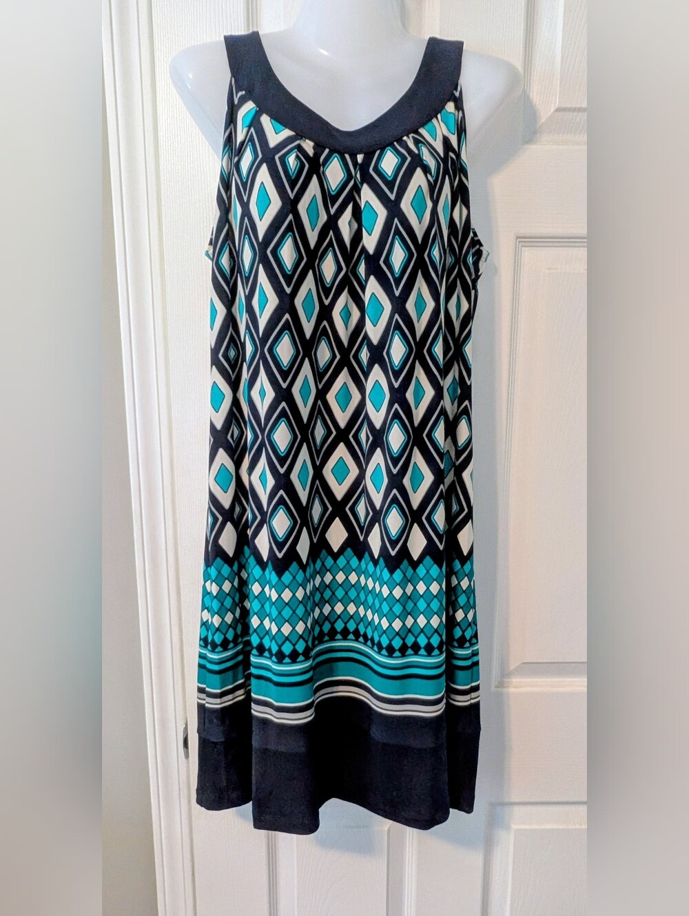 Enfocus Studio Petites Geometric Diamond Print Summer Dress in Teal and Navy